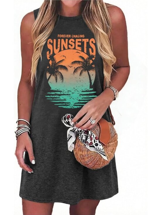 Dresses & Skirts - Women's Grey Stylish Sleeveless Beach Vacation Sundress Short Tank Mini Dress